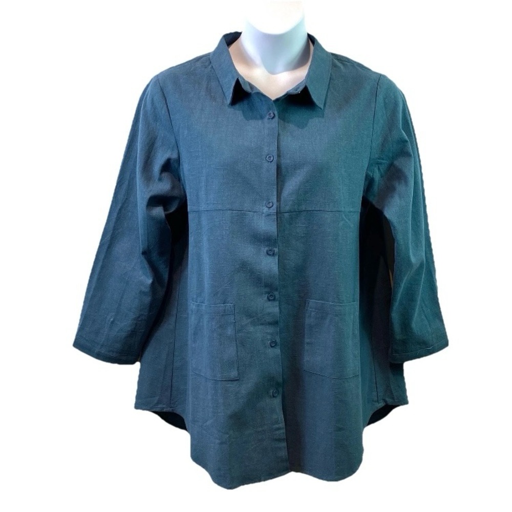Minibee Womens Shirt Shacket Button Down 100% Linen Steel Blue LS Sz L NWT